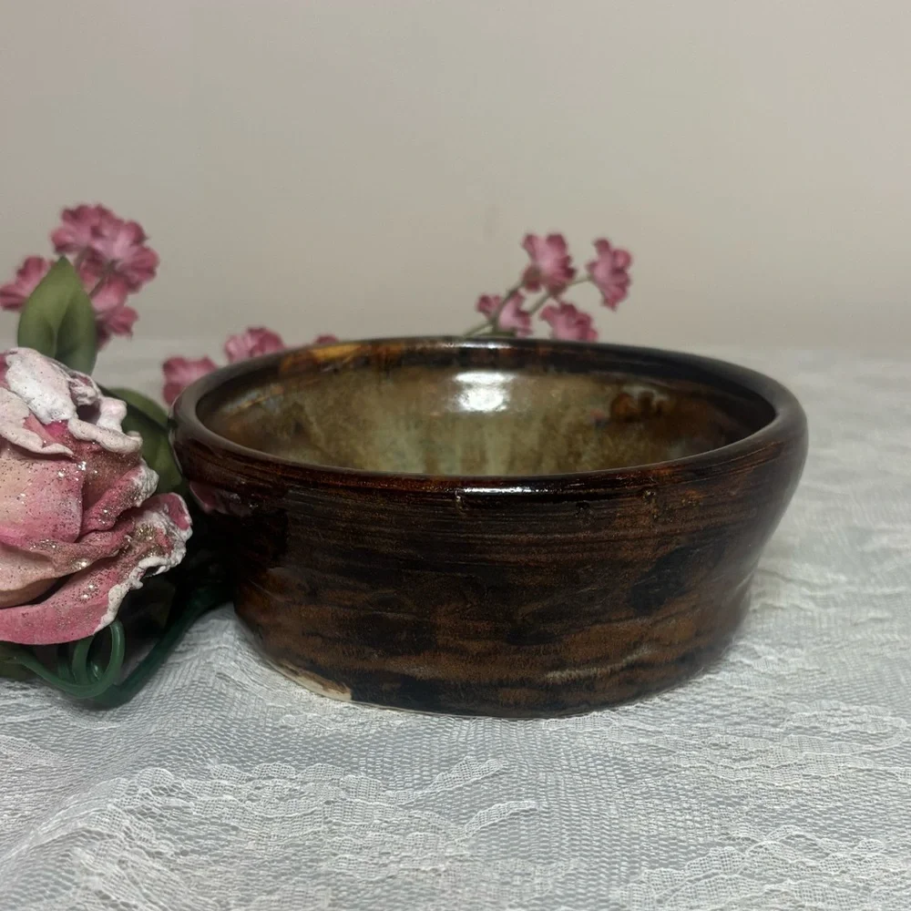 Handmade Pottery Bowl Vintage Artisan Handcrafted Signed Art Glazed Brown Tan